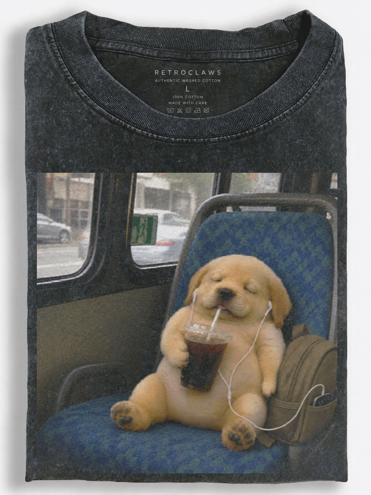Chubby Golden Retriever Puppy Listening to Music on the Bus Vintage Washed T-Shirt
