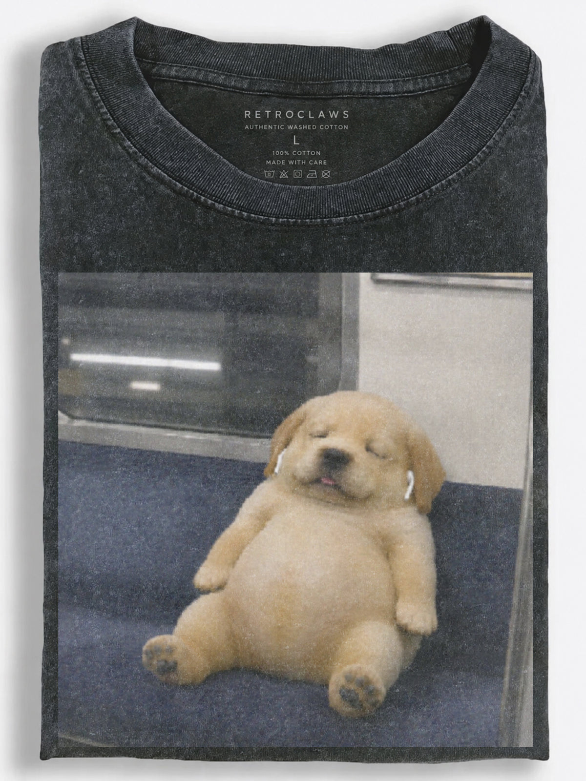Sleepy Golden Retriever Puppy Listening to Music on the Train Vintage Washed T-Shirt