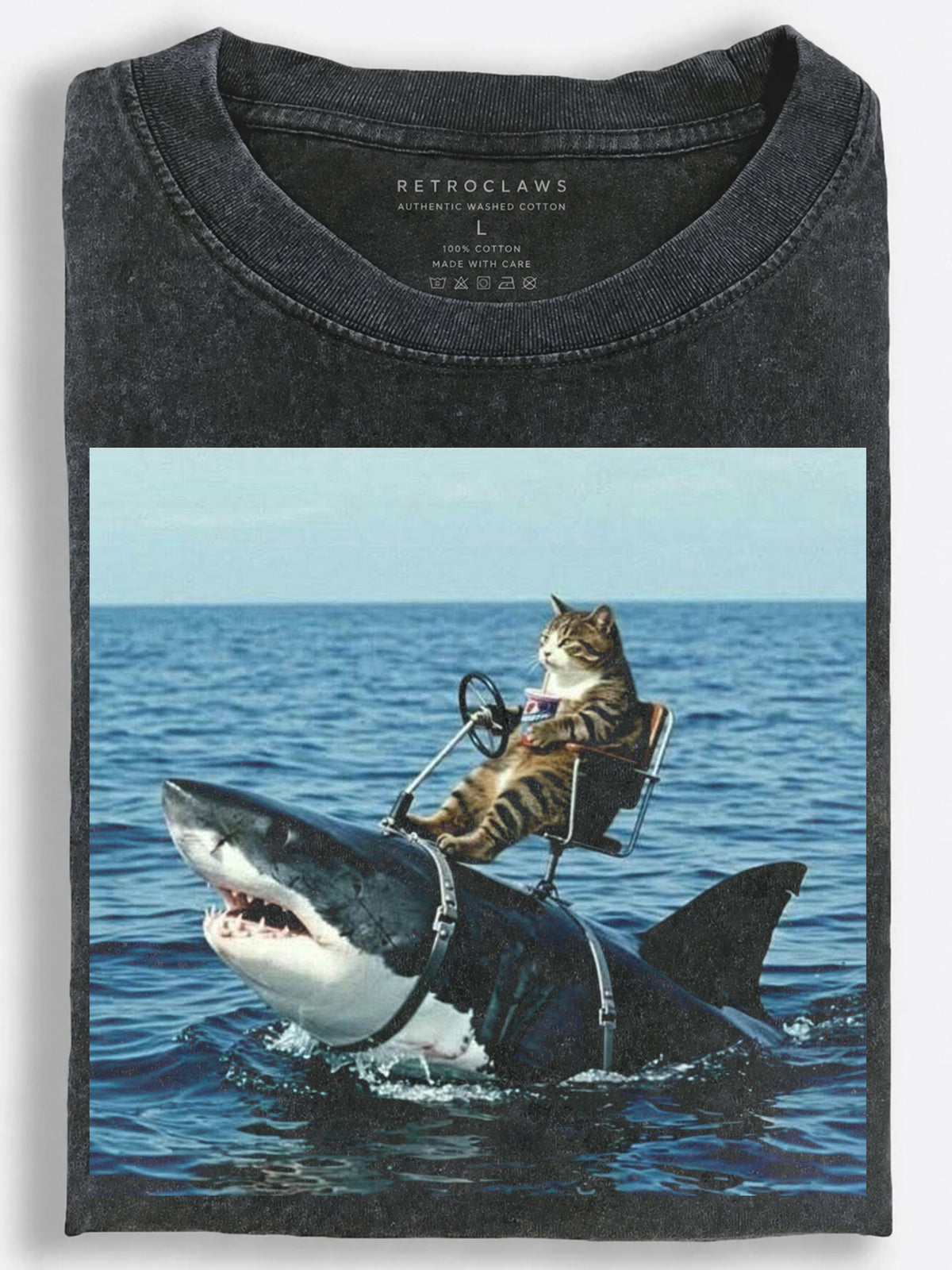 Cool Cat Riding a Great White Shark Surreal Photo Collage Vintage Washed T-Shirt