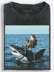 Cool Cat Riding a Great White Shark Surreal Photo Collage Vintage Washed T-Shirt