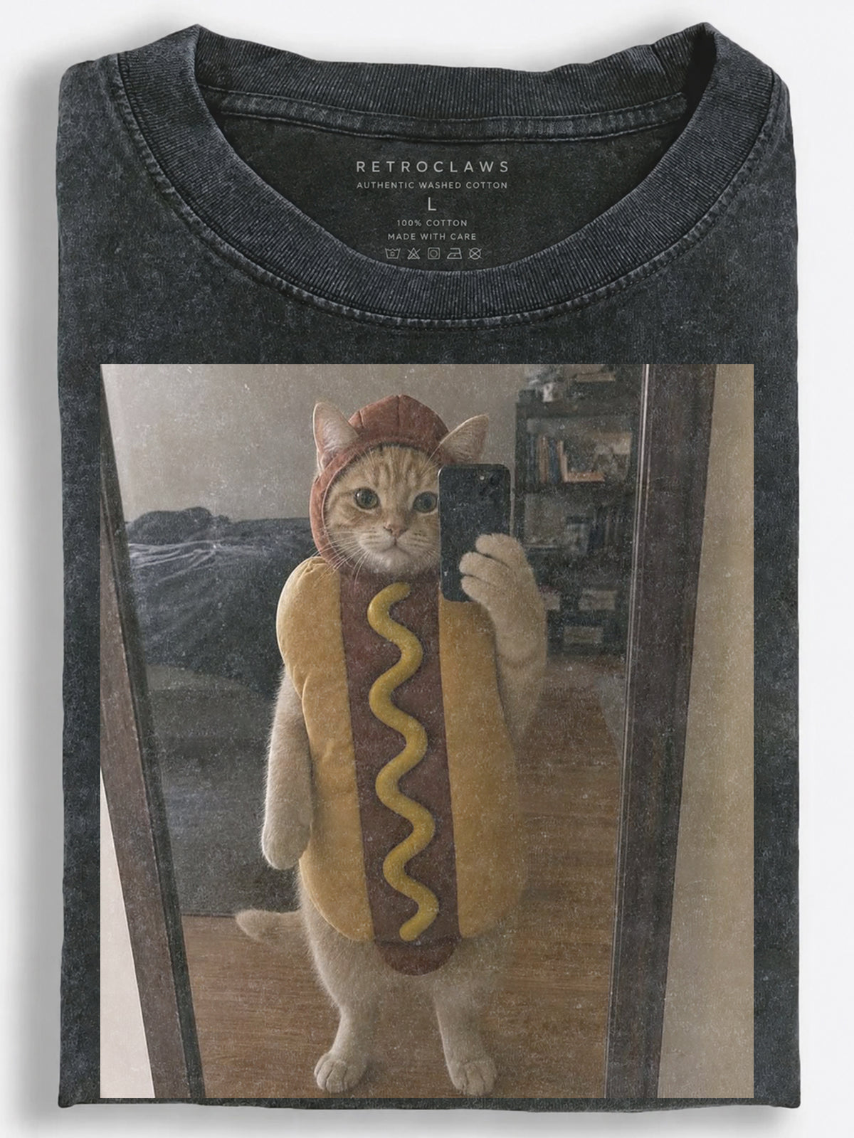 Cat in a Hot Dog Costume Taking a Mirror Selfie Vintage Washed T-Shirt