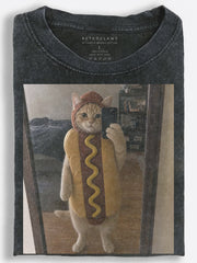 Cat in a Hot Dog Costume Taking a Mirror Selfie Vintage Washed T-Shirt