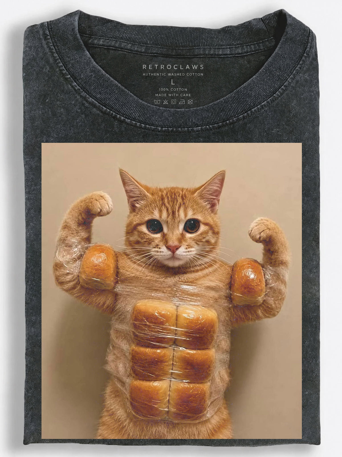 Muscular Orange Cat Flexing with Bread Roll Abs Funny Meme Vintage Washed T-Shirt