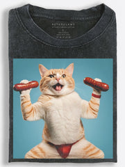 Workout Cat Lifting Sausage Dumbbells Retro Fitness Vintage Washed T-Shirt