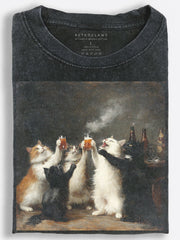 Cats Toasting Beer Classic Oil Painting Vintage Washed T-Shirt