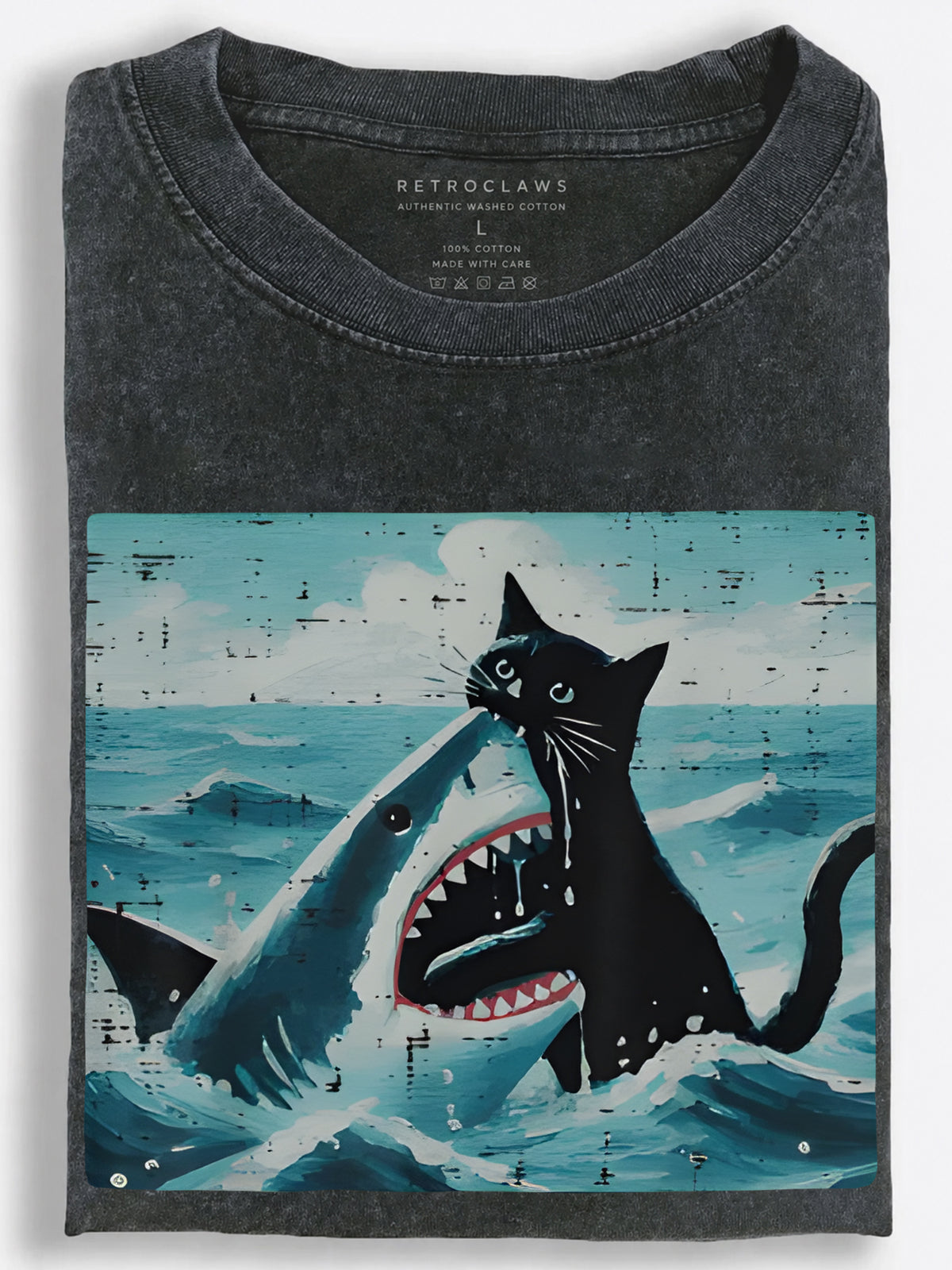 Black Cat vs Shark Retro Ocean Art Vintage Washed T-Shirt