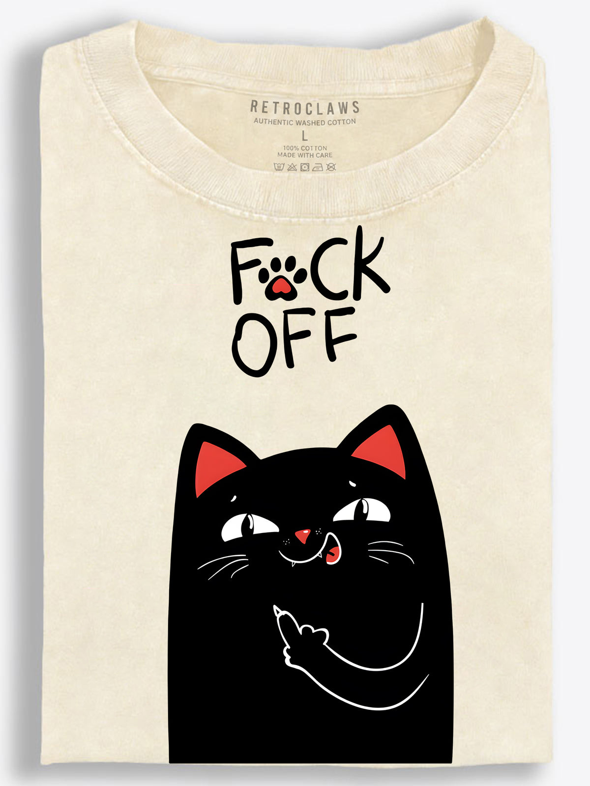 Fuck Off Rude Black Cat Middle Finger Vintage Washed T‑Shirt
