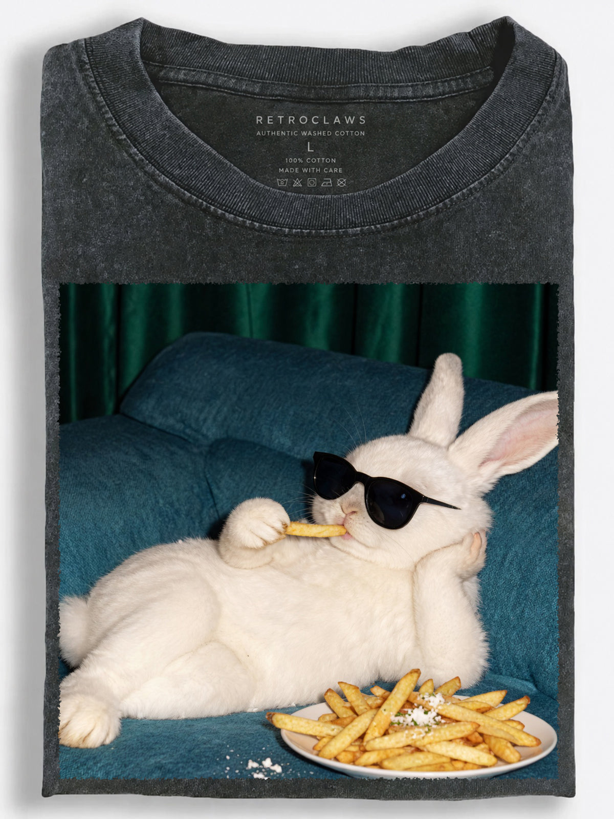 Cool Bunny Eating Fries on the Couch Vintage Washed T‑Shirt