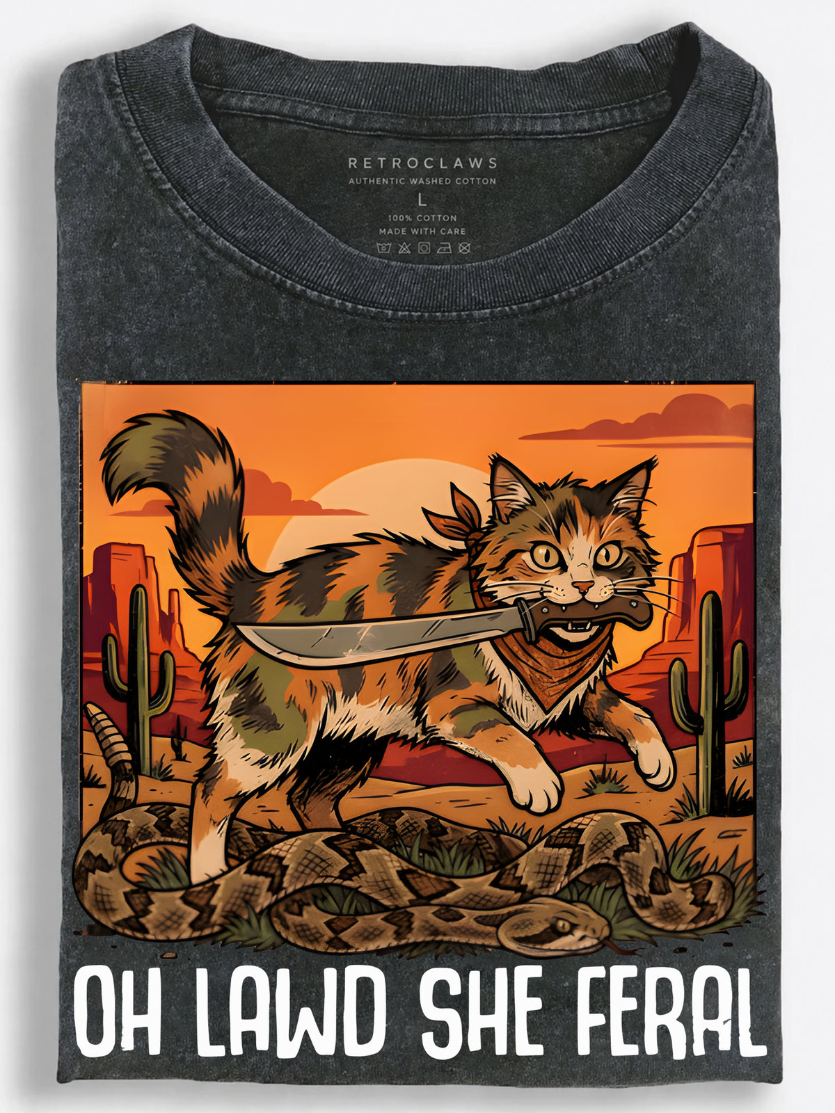 Oh Lawd She Feral Knife-Wielding Cat Vintage Washed T‑Shirt