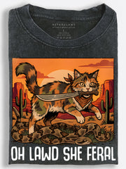 Oh Lawd She Feral Knife-Wielding Cat Vintage Washed T‑Shirt