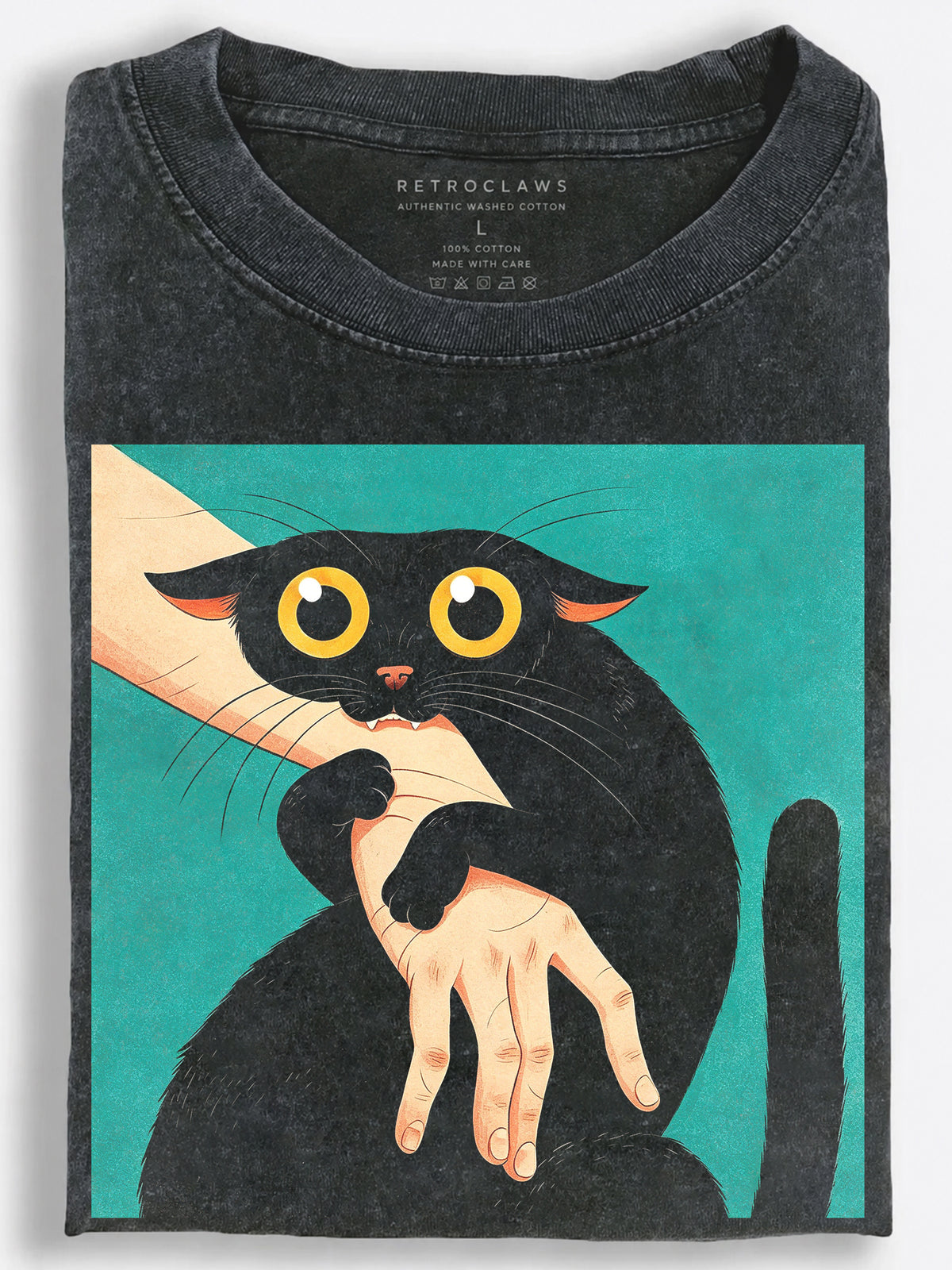Anxious Black Cat Biting an Arm Retro Art Vintage Washed T‑Shirt