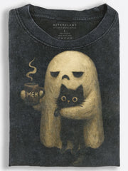 Meh Ghost Hugging a Black Cat Dark Art Vintage Washed T‑Shirt