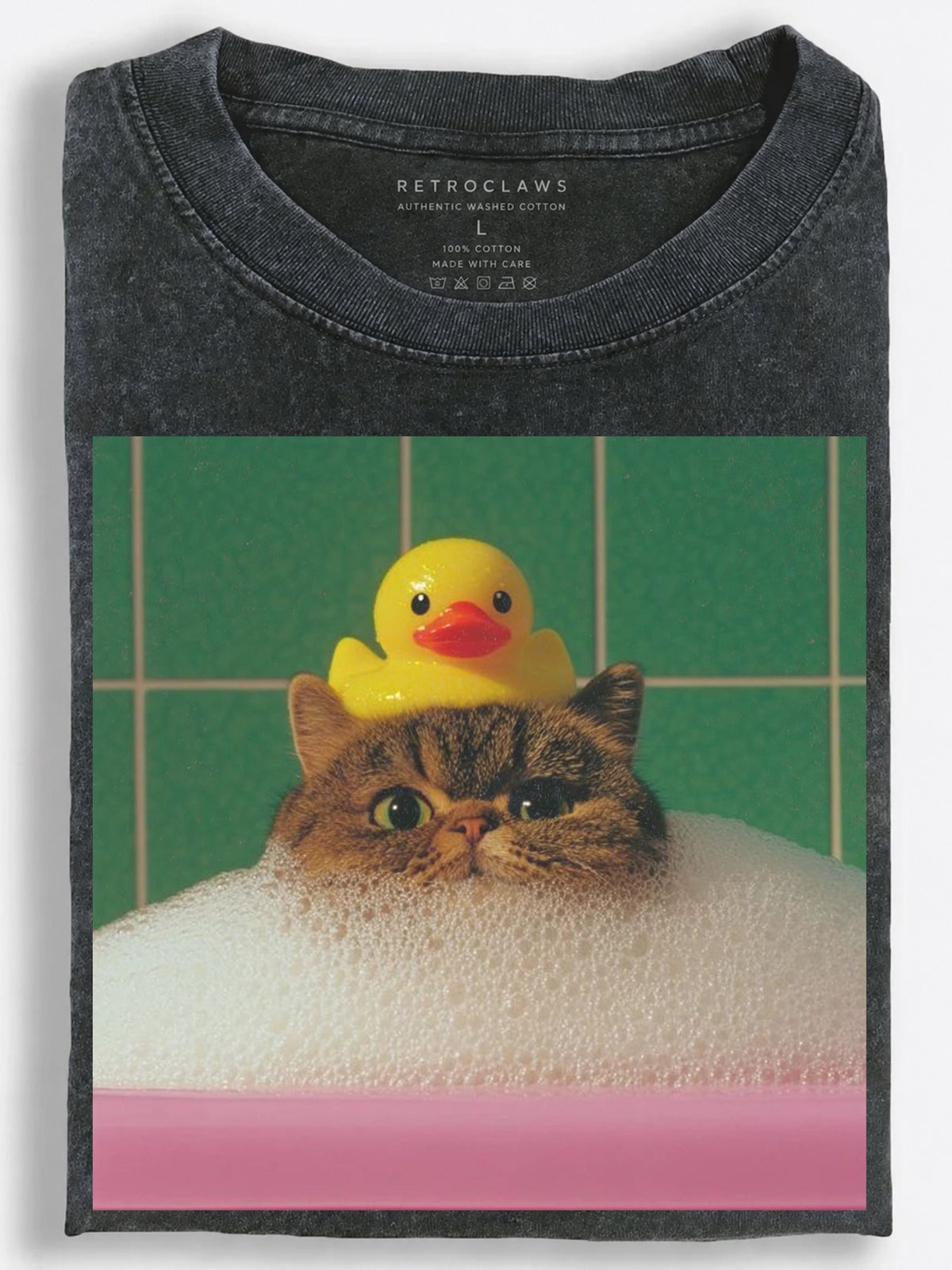 Tabby Cat Bubble Bath with Rubber Duck Retro Photography Vintage Washed T-Shirt