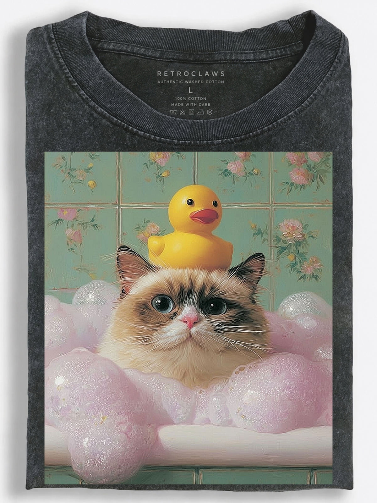 Grumpy Cat Bubble Bath with Rubber Duck Whimsical Vintage Washed T-Shirt