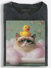 Grumpy Cat Bubble Bath with Rubber Duck Whimsical Vintage Washed T-Shirt