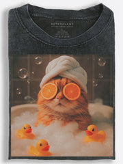 Spa Cat with Orange Eye Mask Funny Retro Photography Vintage Washed T-Shirt