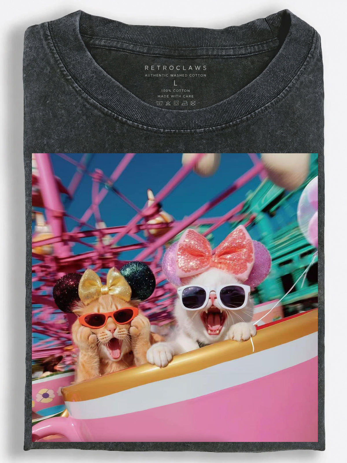Excited Cats on Amusement Park Ride Colorful Pop Art Vintage Washed T-Shirt