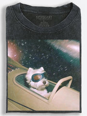 Goggle Dog Driving Under the Stars Surreal Retro Photography Vintage Washed T-Shirt