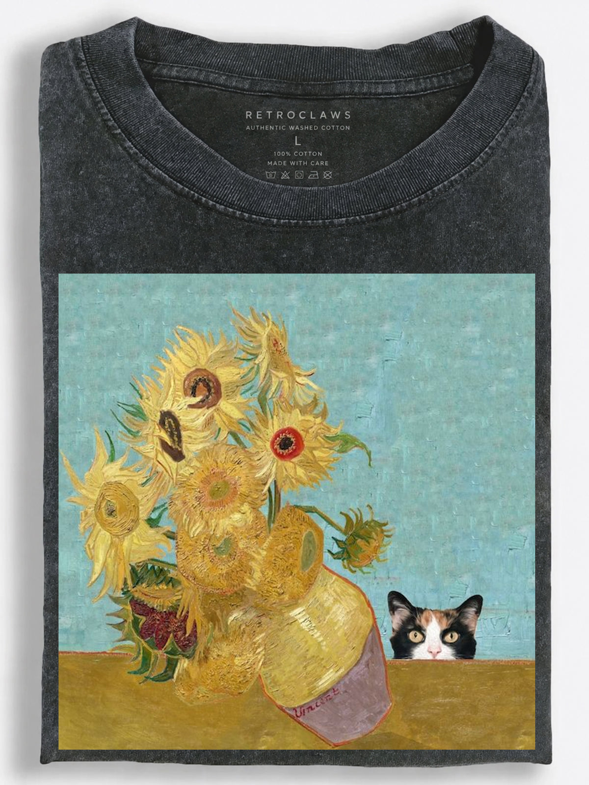 Curious Calico Cat and Sunflowers Art-Inspired Vintage Washed T-Shirt