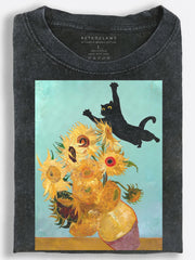 Leaping Black Cat over Sunflowers Art-Inspired Vintage Washed T-Shirt