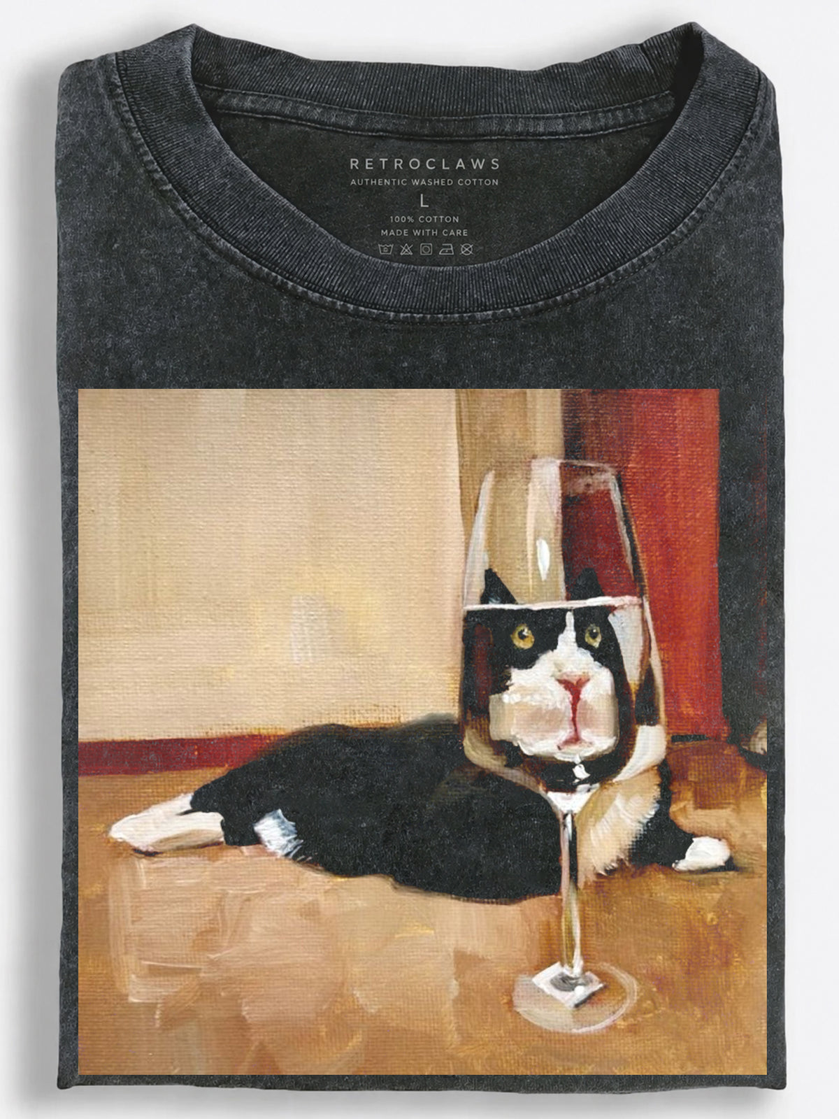 Tuxedo Cat Behind a Wine Glass Art-Inspired Vintage Washed T-Shirt