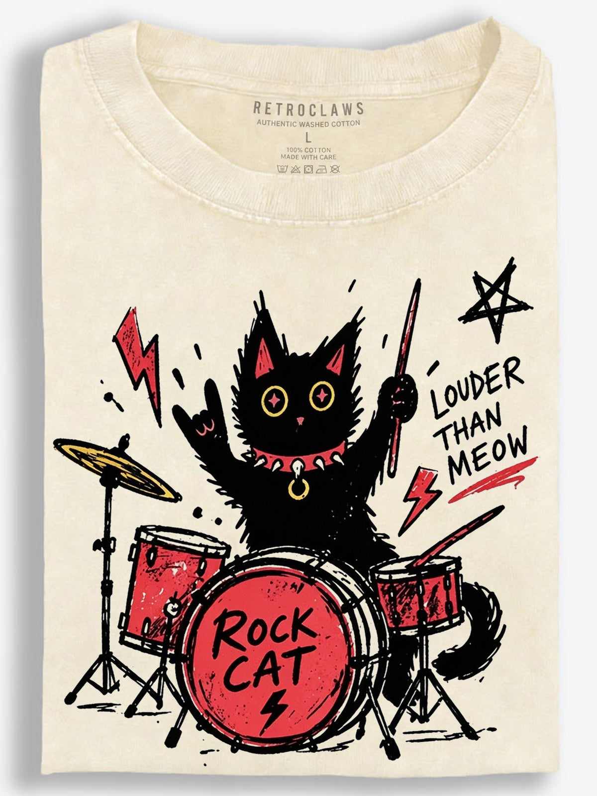 Black Cat Rock Drummer Punk Graffiti Vintage Washed T-Shirt