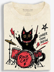 Black Cat Rock Drummer Punk Graffiti Vintage Washed T-Shirt