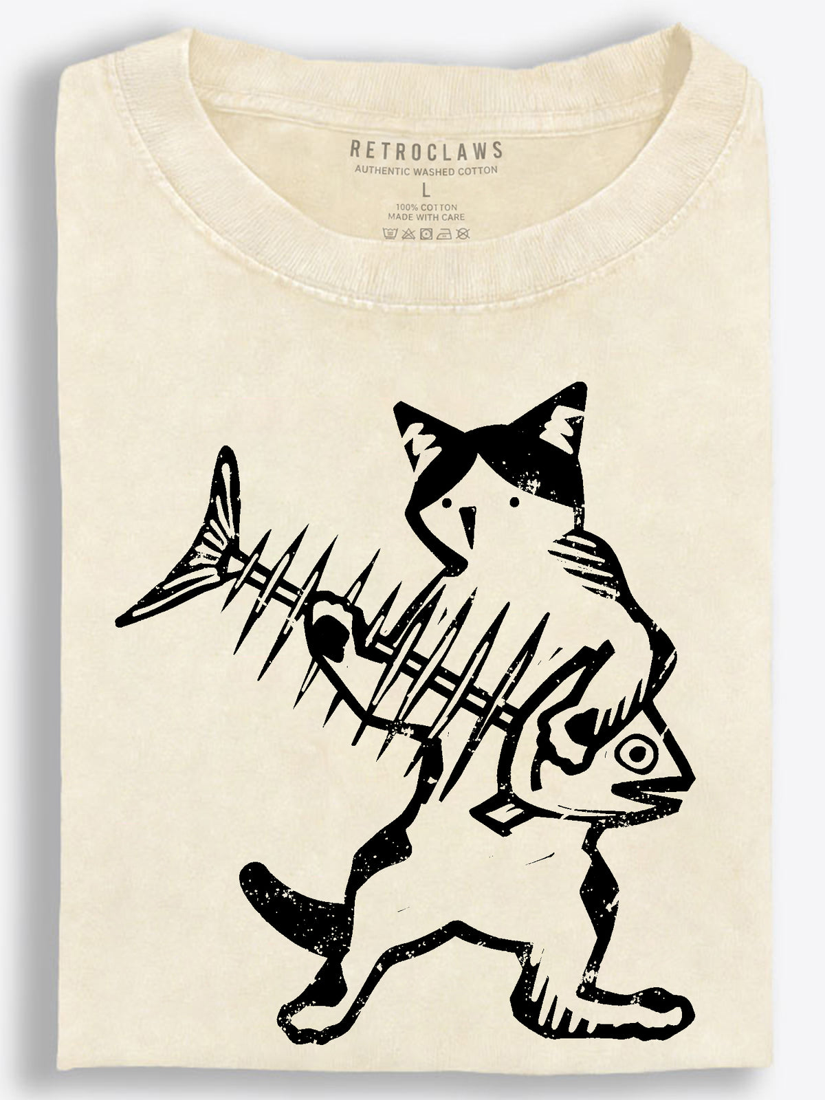 Cat Hugging Fishbone Playful Woodcut Vintage Washed T-Shirt
