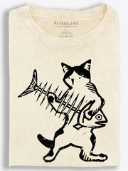 Cat Hugging Fishbone Playful Woodcut Vintage Washed T-Shirt