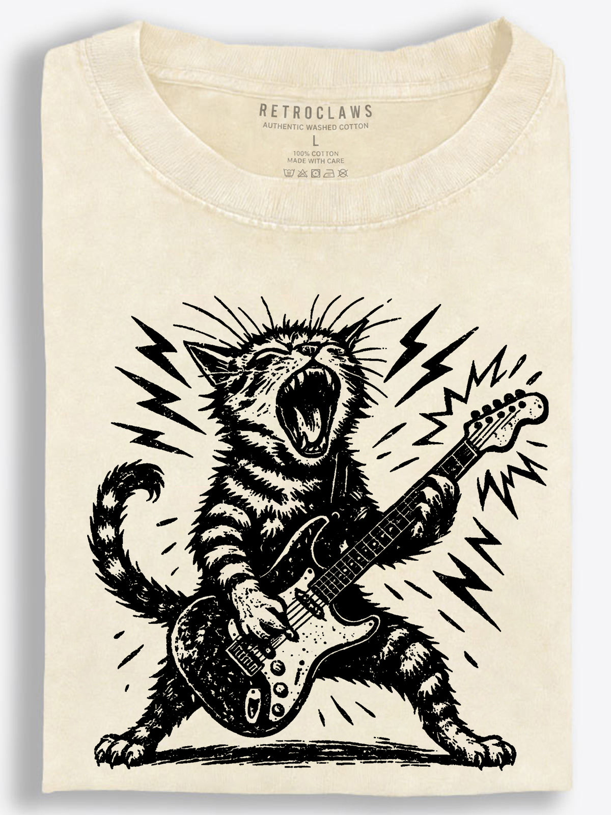 Tabby Cat Roaring Guitarist Rock Woodcut Vintage Washed T-Shirt