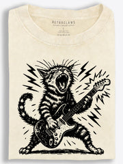 Tabby Cat Roaring Guitarist Rock Woodcut Vintage Washed T-Shirt