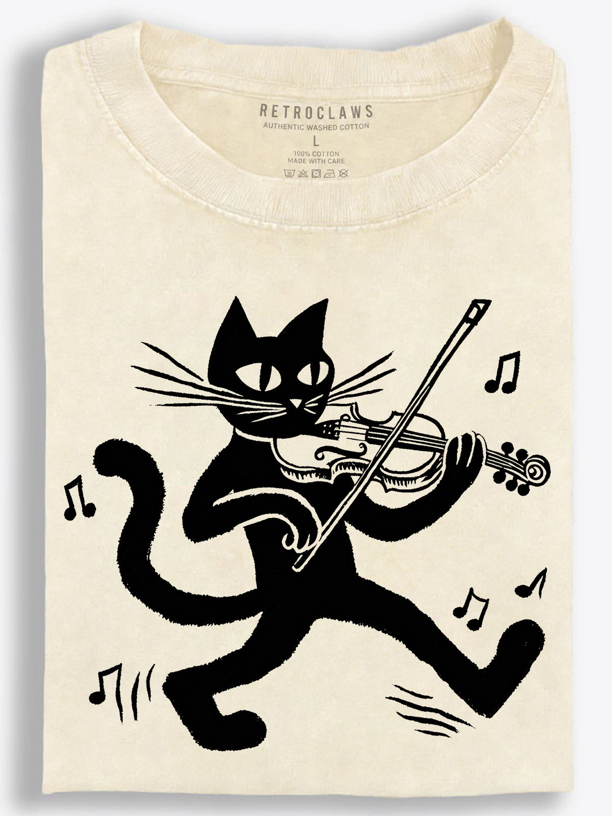 Black Cat Violinist Playful Cartoon Vintage Washed T-Shirt