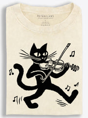 Black Cat Violinist Playful Cartoon Vintage Washed T-Shirt