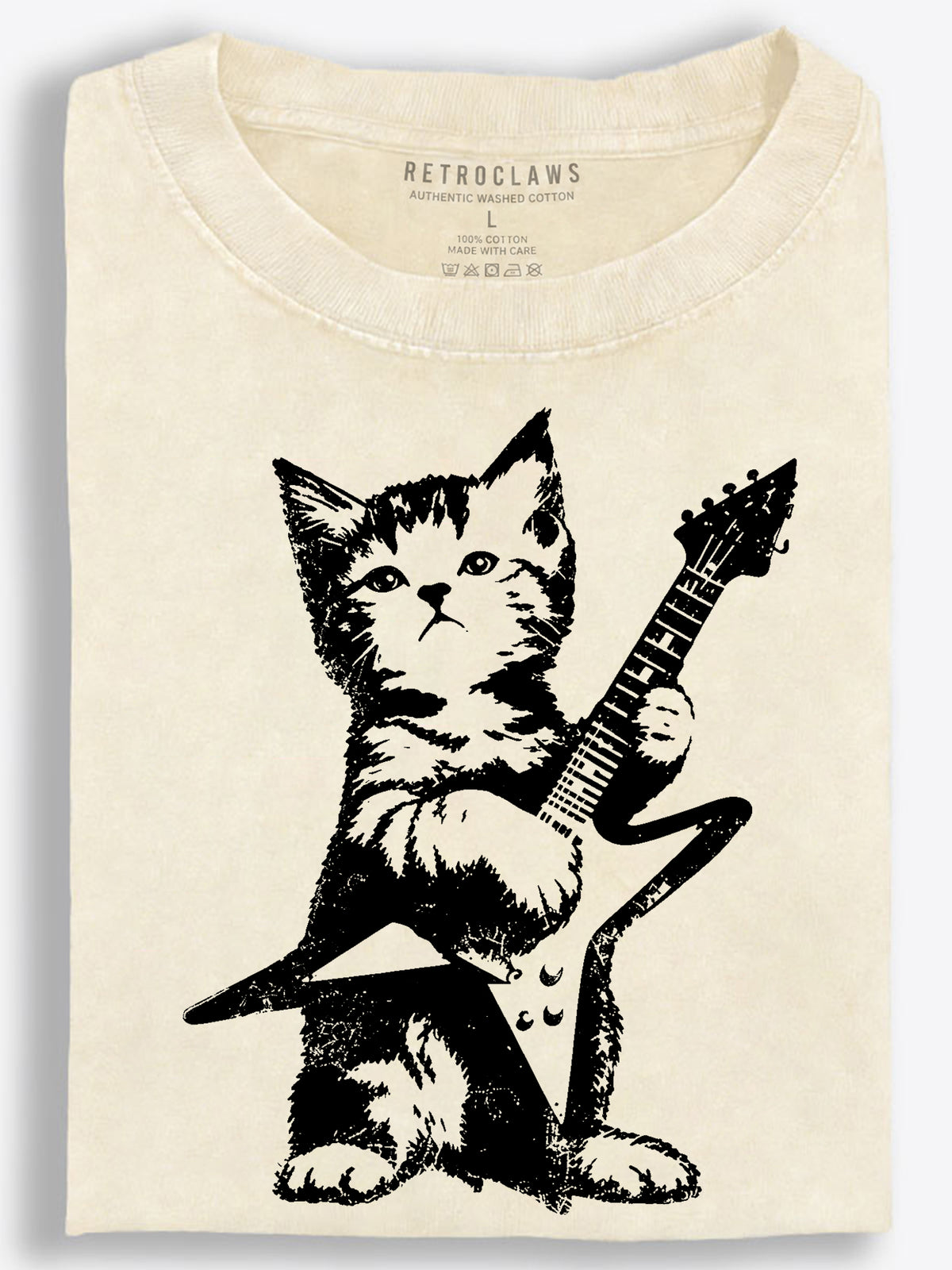 Kitten with Star-Shaped Electric Guitar Monochrome Vintage Washed T-Shirt
