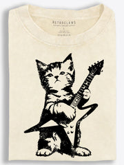 Kitten with Star-Shaped Electric Guitar Monochrome Vintage Washed T-Shirt