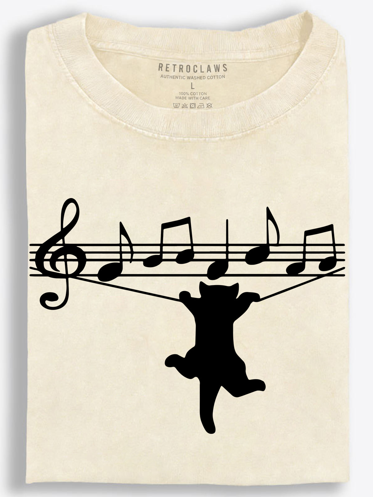 Cat Hanging from Music Staff Minimalist Silhouette Vintage Washed T-Shirt