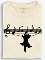 Cat Hanging from Music Staff Minimalist Silhouette Vintage Washed T-Shirt