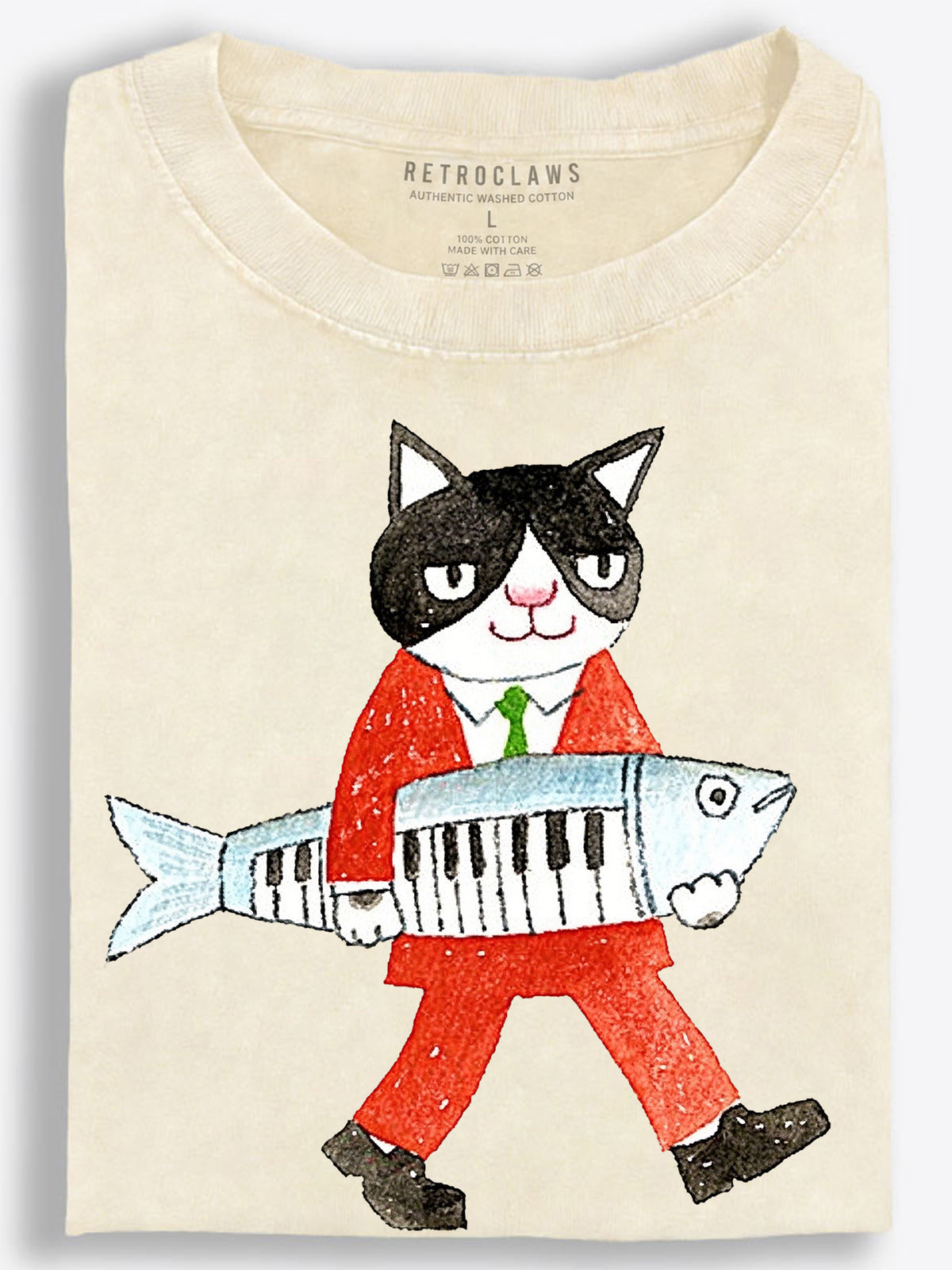 Cat in Red Suit with Fish Keyboard Whimsical Illustrated Vintage Washed T-Shirt