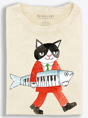 Cat in Red Suit with Fish Keyboard Whimsical Illustrated Vintage Washed T-Shirt