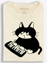 Grumpy Cat Keyboardist Monochrome Cartoon Vintage Washed T-Shirt