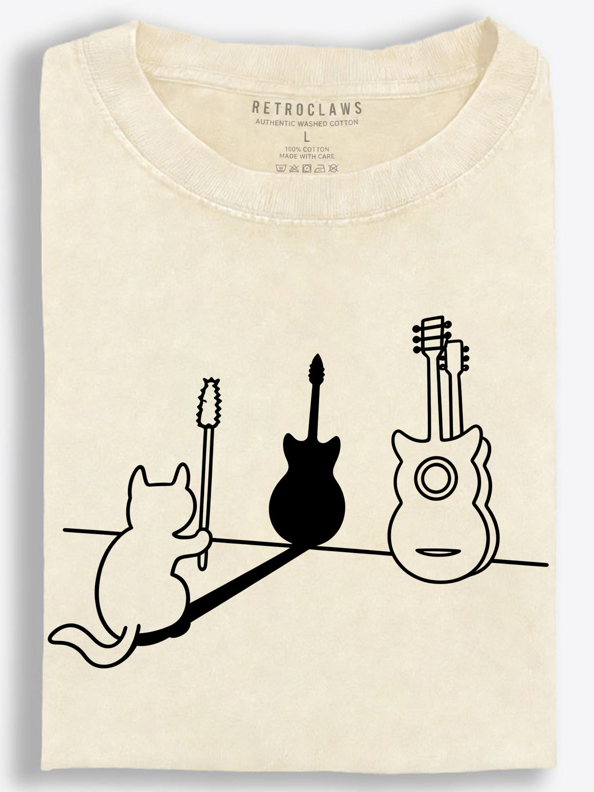 Cat with Guitar Shadow Creative Line Art Vintage Washed T-Shirt