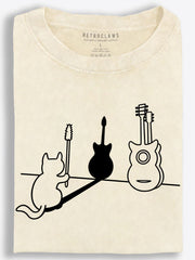 Cat with Guitar Shadow Creative Line Art Vintage Washed T-Shirt