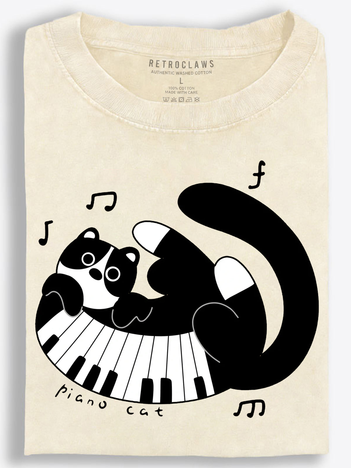 Cat Hugging Curved Piano Keys Monochrome Cartoon Vintage Washed T-Shirt