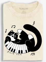 Cat Hugging Curved Piano Keys Monochrome Cartoon Vintage Washed T-Shirt