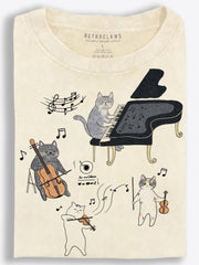 Cats Piano and String Quartet Hand-Drawn Vintage Washed T-Shirt