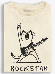 Cat Rockstar with Electric Guitar Playful Doodle Vintage Washed T-Shirt