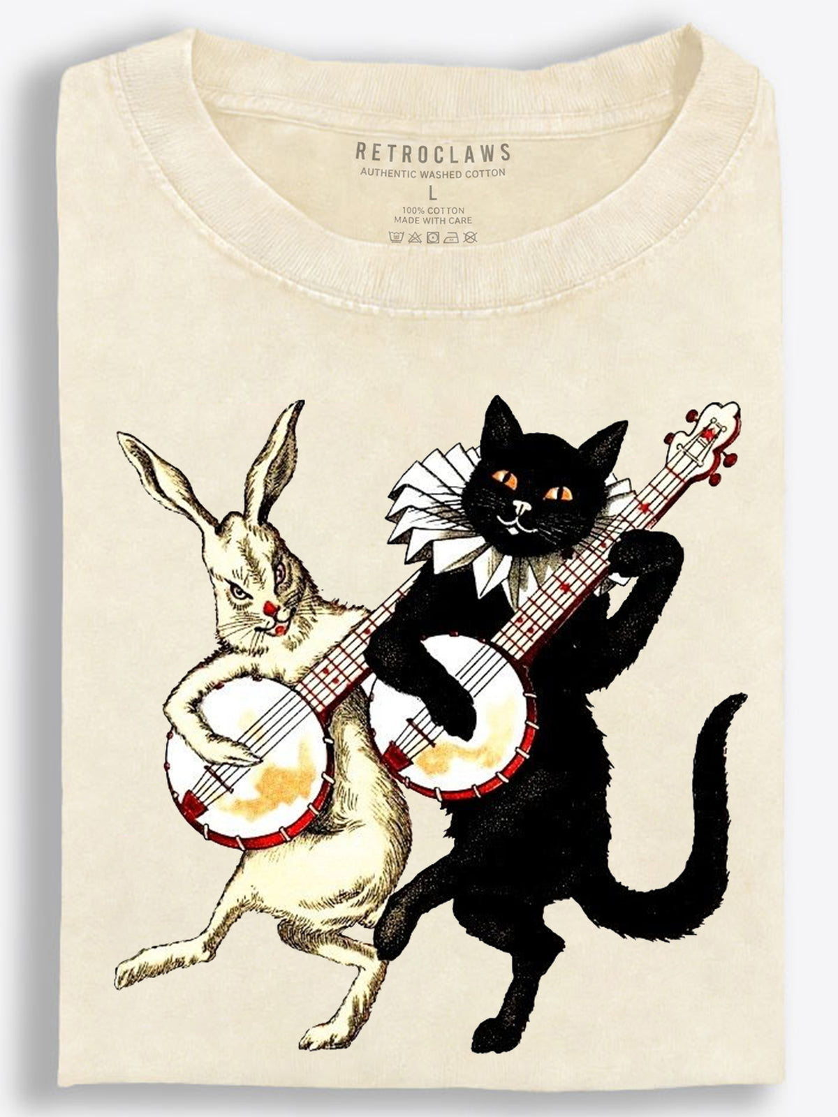 Black Cat and Rabbit Banjo Duet Storybook Vintage Washed T-Shirt