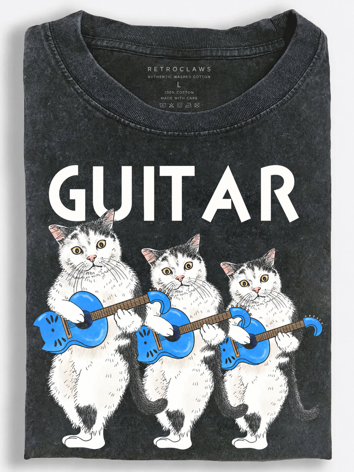 Cats Blue Guitar Trio Playful Illustration Vintage Washed T-Shirt