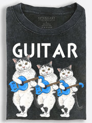 Cats Blue Guitar Trio Playful Illustration Vintage Washed T-Shirt