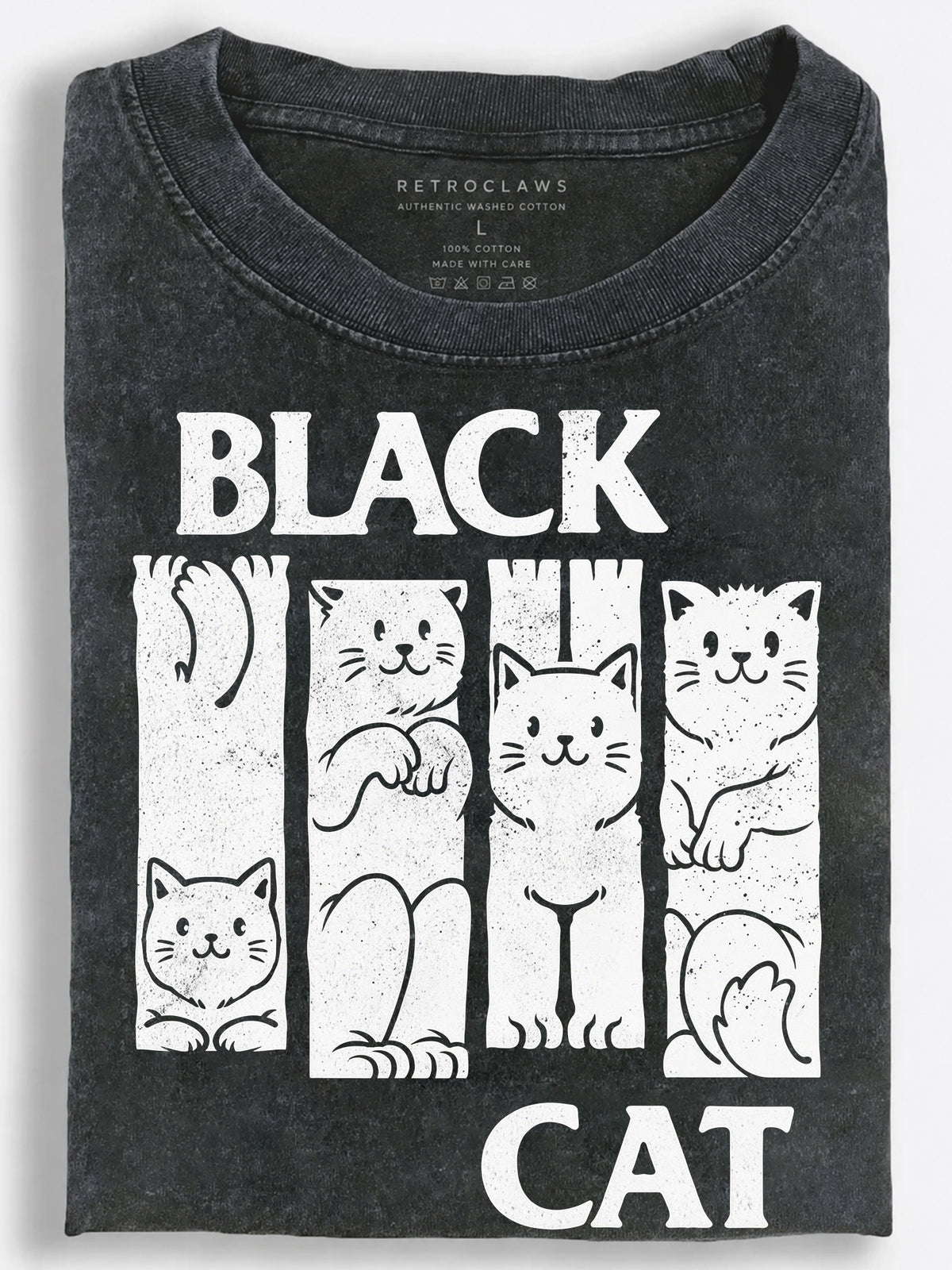 Cats Four-Panel Portraits Distressed Monochrome Cartoon Vintage Washed T-Shirt